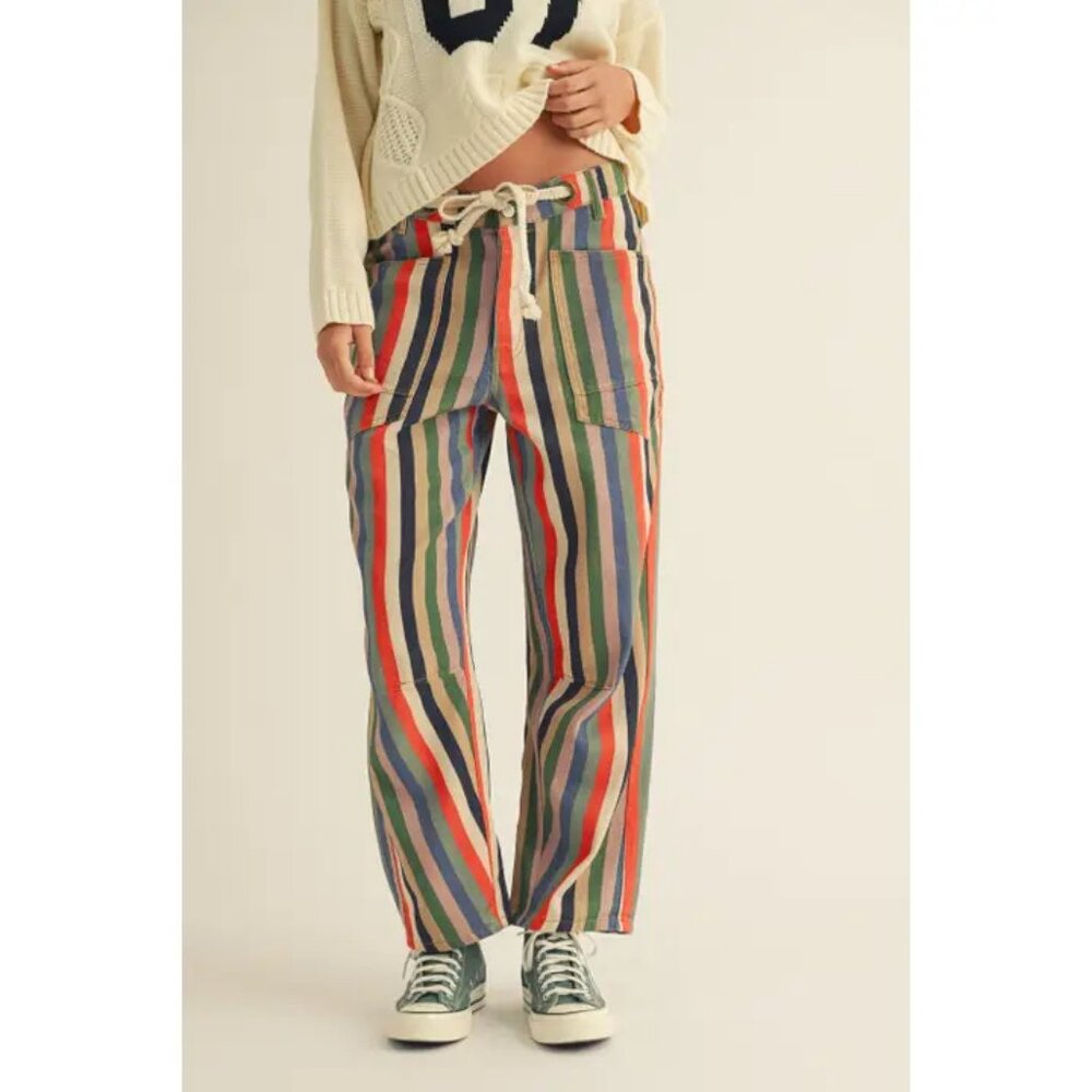 Washed Multi Stripes Rope String Relaxed Fit Pants NEW